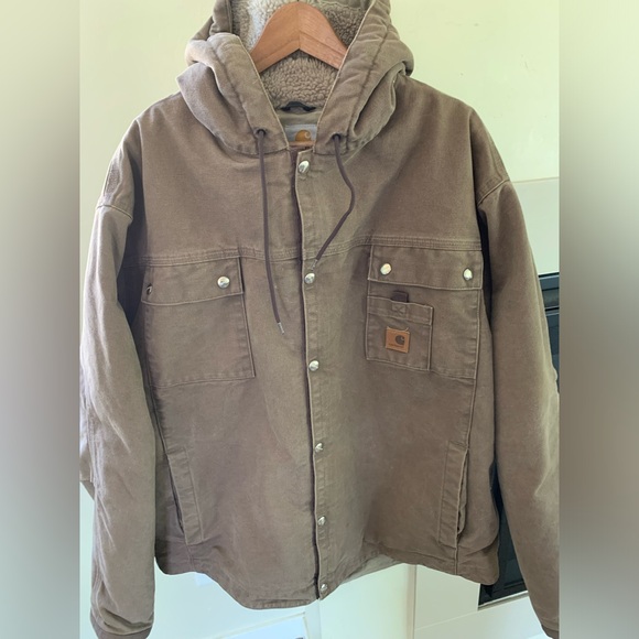 Carhartt men’s J284 FWD Brown Hooded Jacket Sherpa Lined XXL Snap Button - Picture 3 of 13